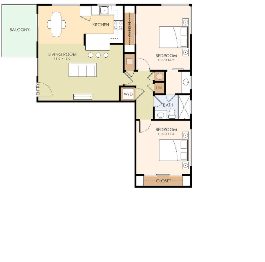 Floor plan for 2 beds, 1 bath, 1050 sqft
